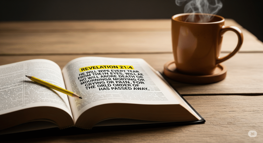 Open Bible with scripture highlighting God’s promise to work all things for good