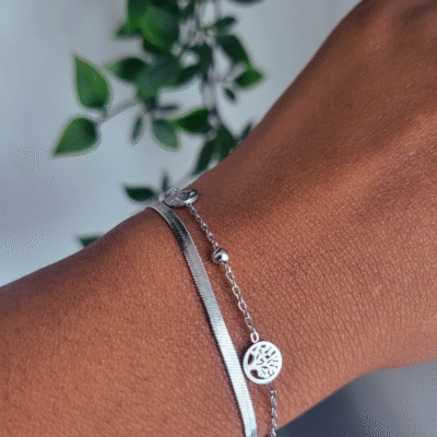 silver colour christian bracelet with tree of life charms