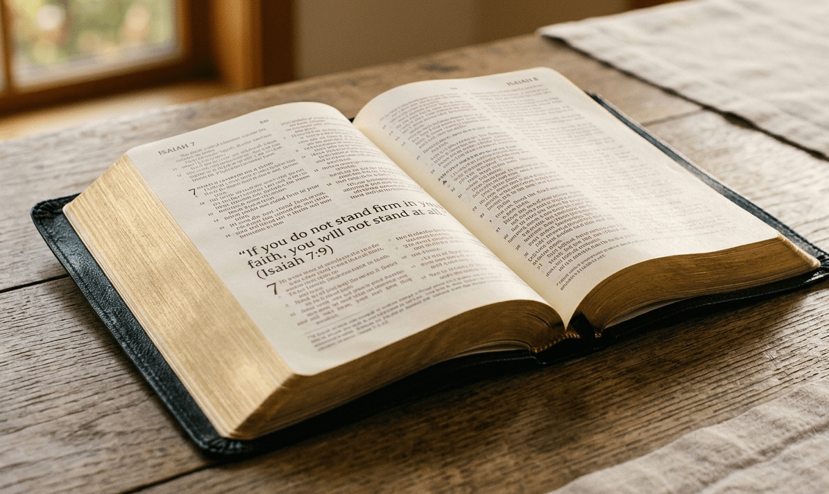 trust God over fear Open black Bible with gold trim on the pages . soft/warm natural light — simple, uncluttered. open bible on Isaiah 7:9 focus.