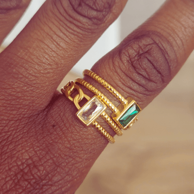 2 Open rings with chain and rope twist design - one with Green CZ gem and the other with white CZ gem in the middle